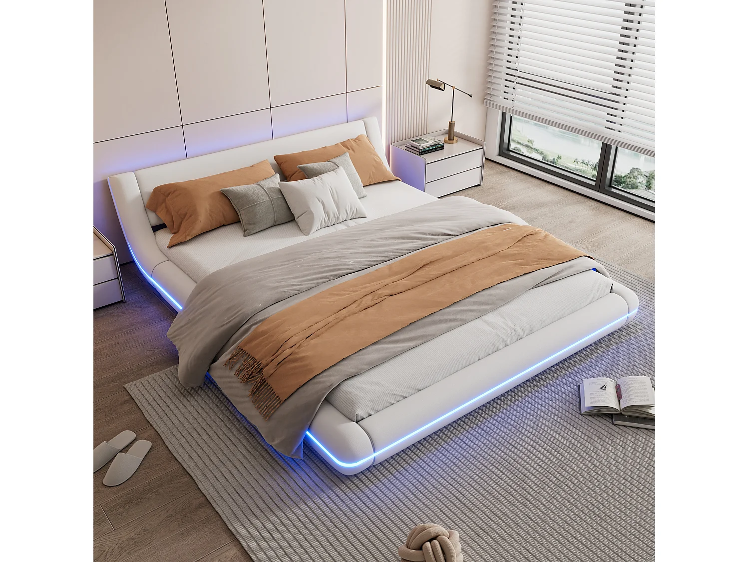Lit adulte 160x200 cm, lit au sol avec éclairage d'ambiance LED, PU Blanc, sans matelas
