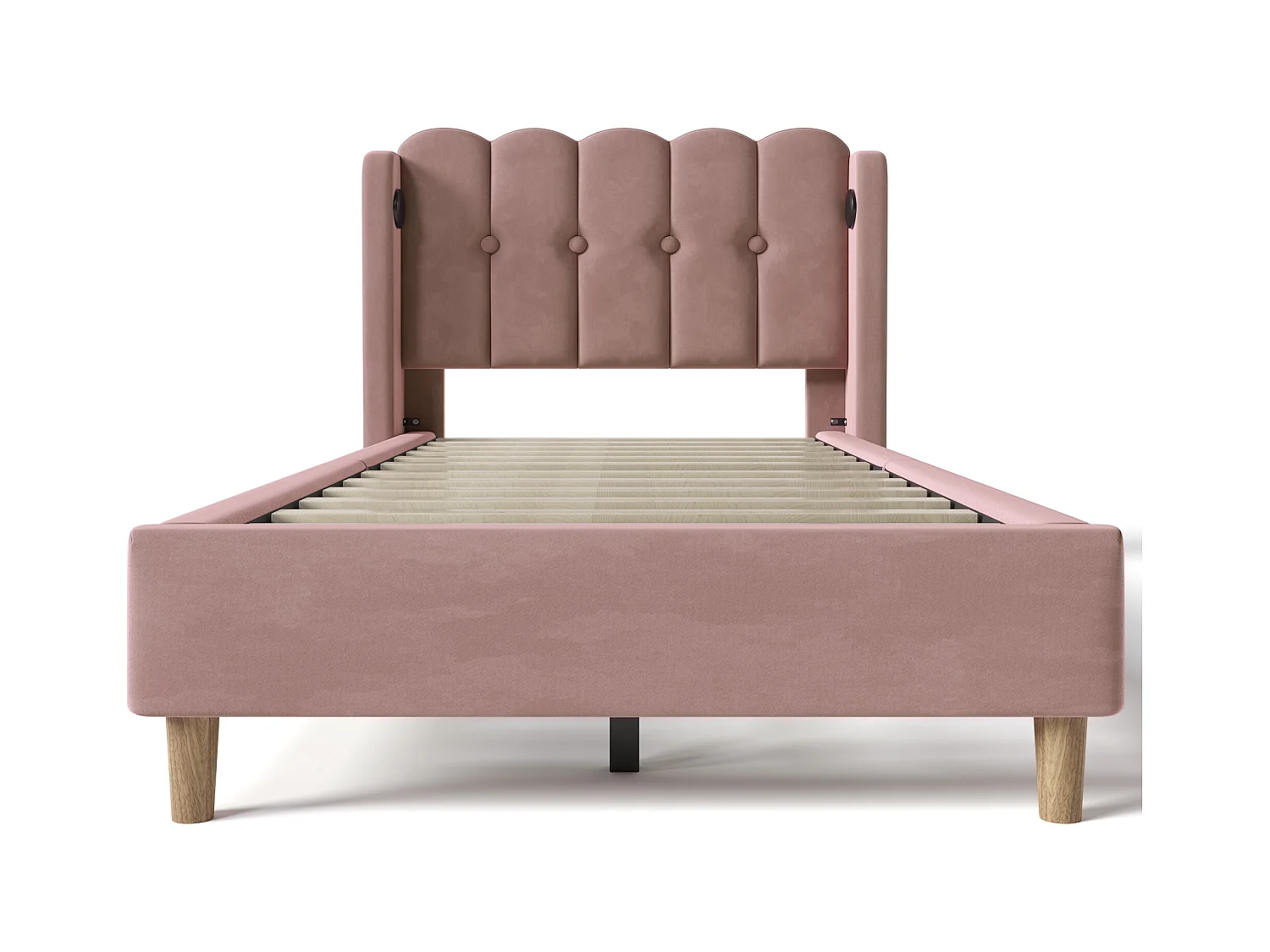 Lit enfant 90x200 cm avec USB Type-C, cadre avec sommier à lattes, en velours Rose, sans matelas