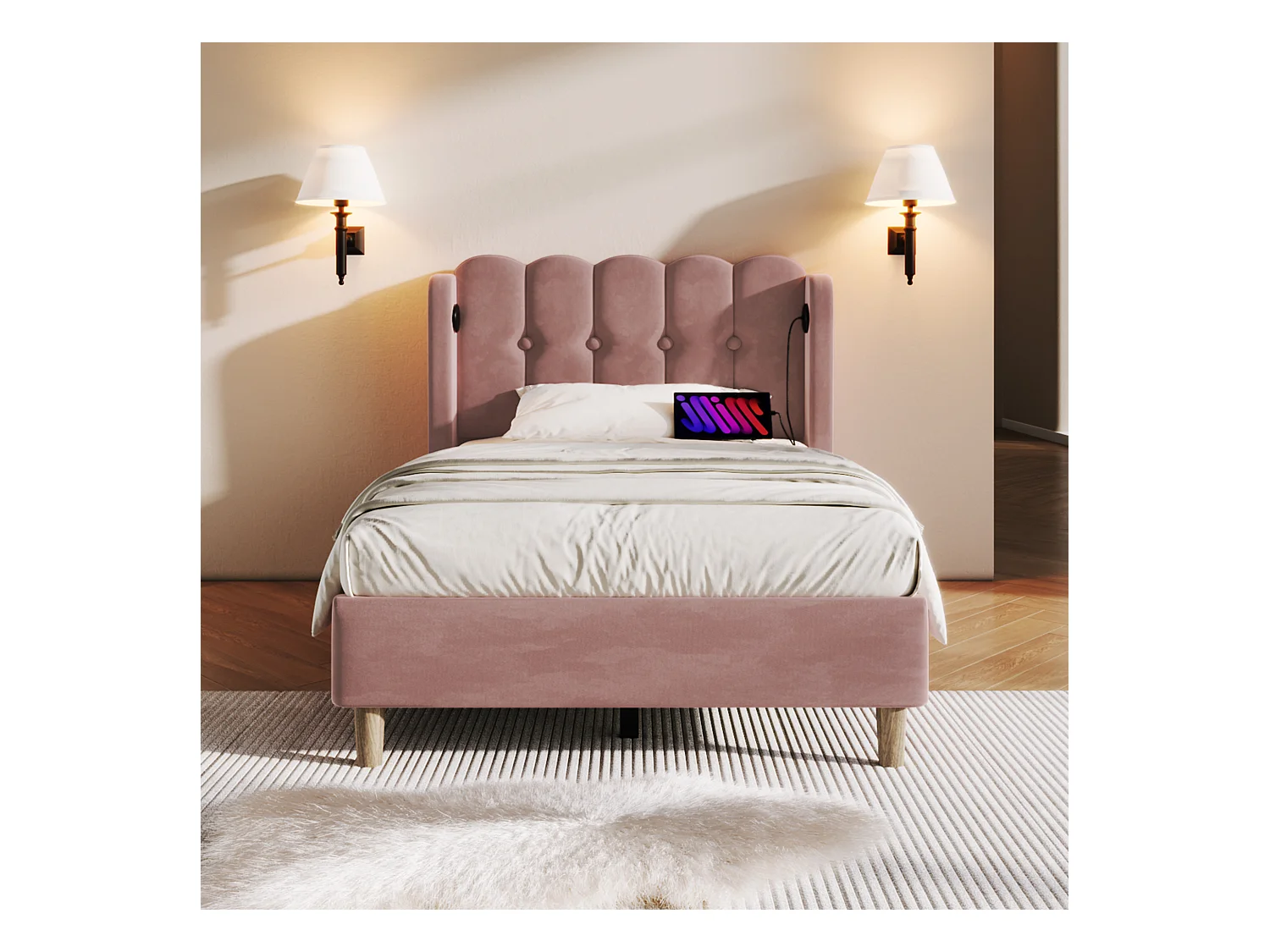 Lit enfant 90x200 cm avec USB Type-C, cadre avec sommier à lattes, en velours Rose, sans matelas