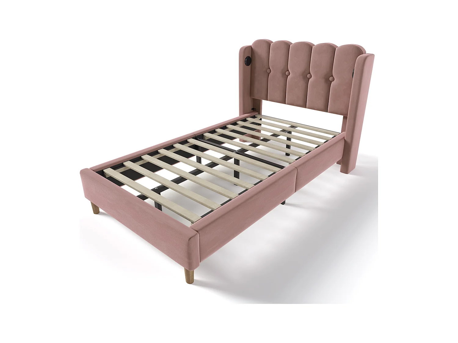Lit enfant 90x200 cm avec USB Type-C, cadre avec sommier à lattes, en velours Rose, sans matelas