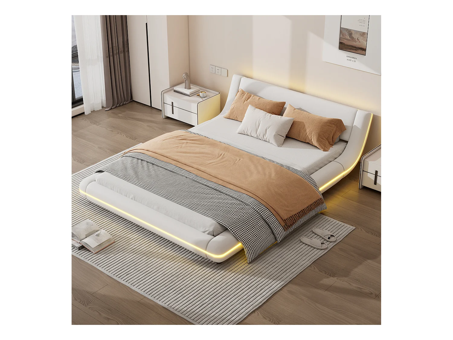 Cama baja 140x200 cm en PU blanco - Con iluminación LED y mando a distancia de 24 teclas (sin colchón)