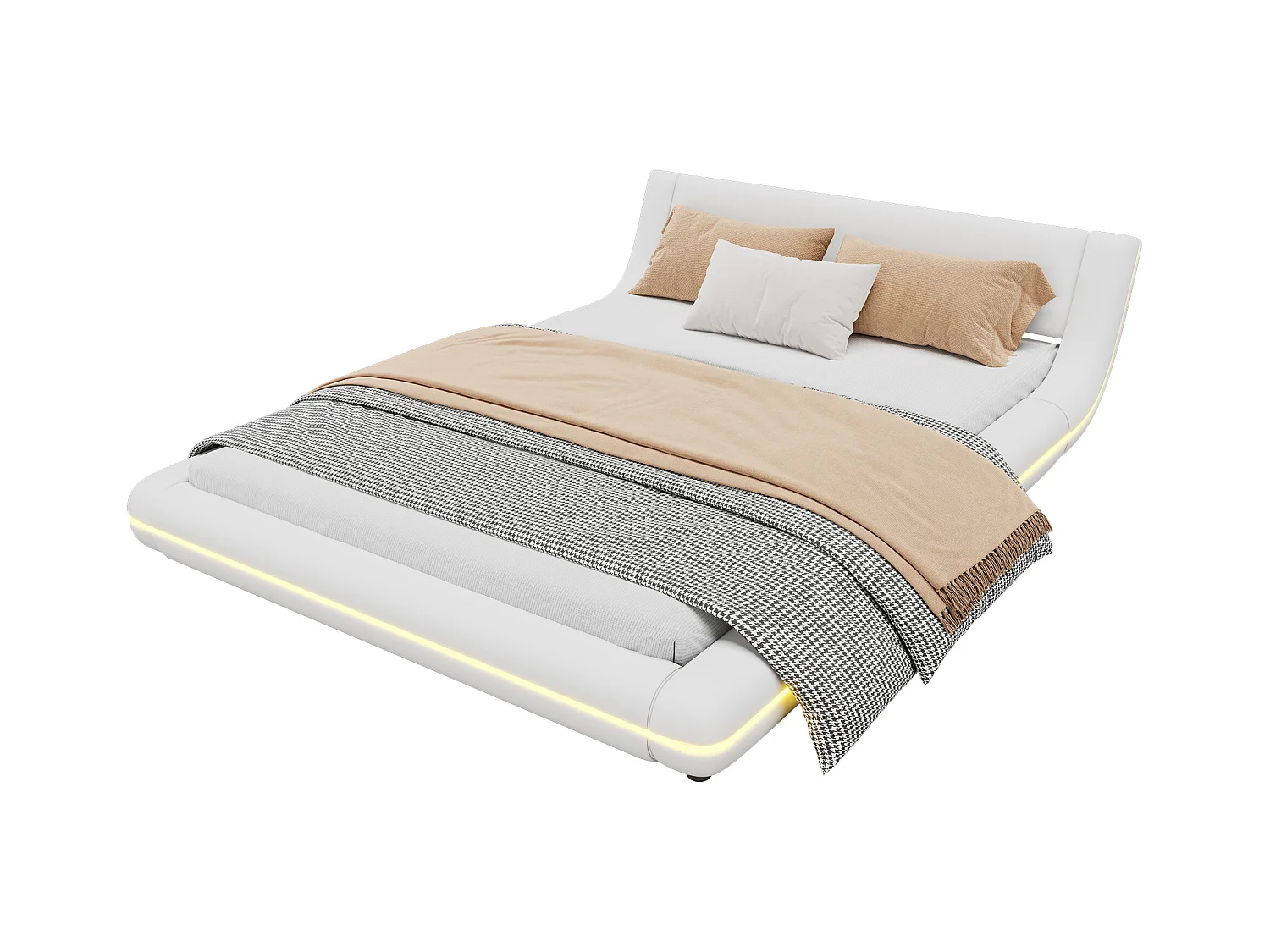 Lit adulte 140x200 cm en PU blanc, Lit au sol avec éclairage LED et télécommande 24 touches, sans matelas