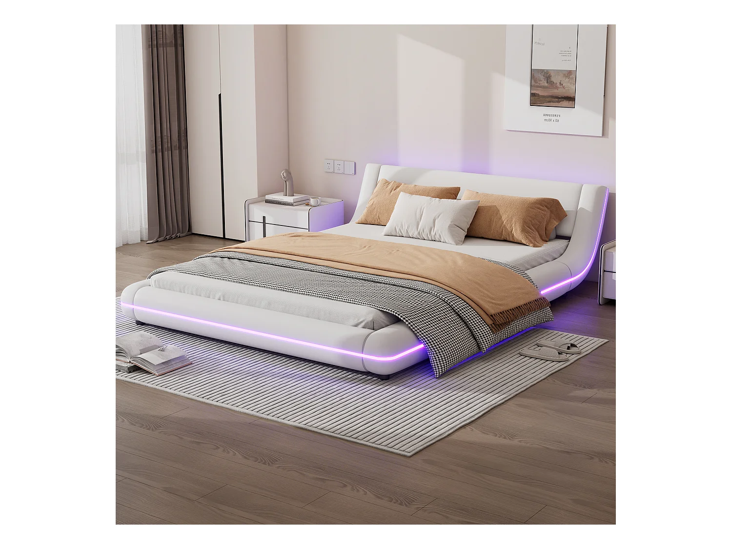 Lit adulte 140x200 cm en PU blanc, Lit au sol avec éclairage LED et télécommande 24 touches, sans matelas