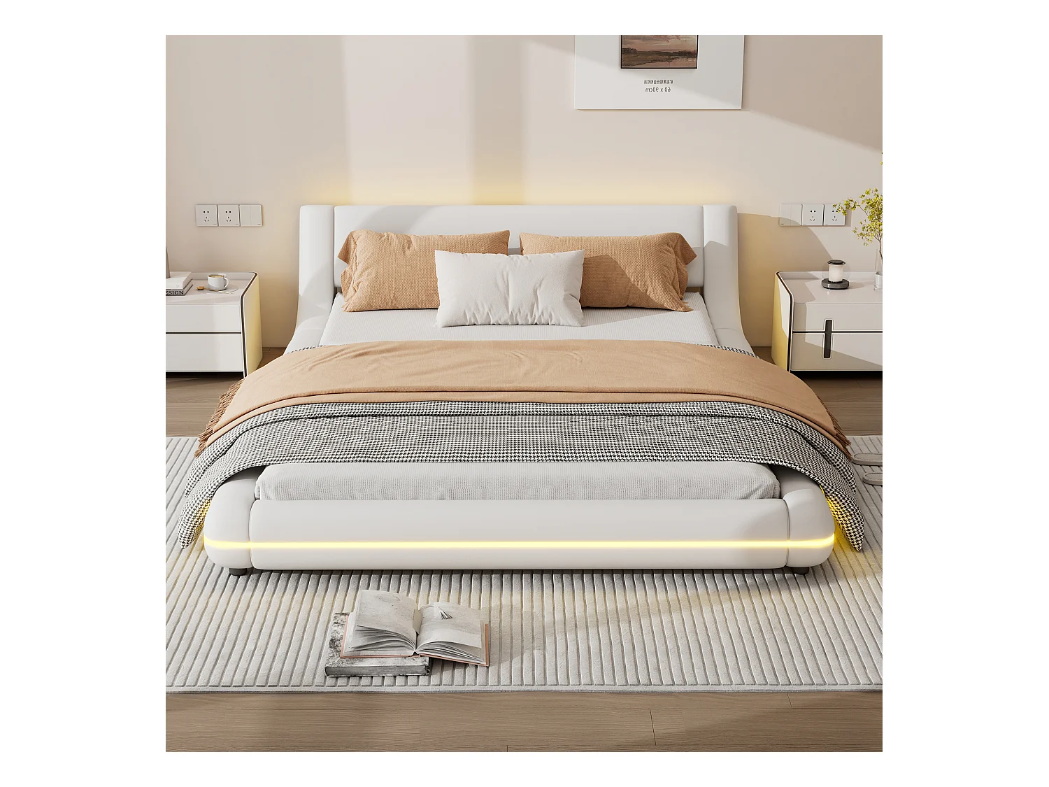 Lit adulte 140x200 cm en PU blanc, Lit au sol avec éclairage LED et télécommande 24 touches, sans matelas