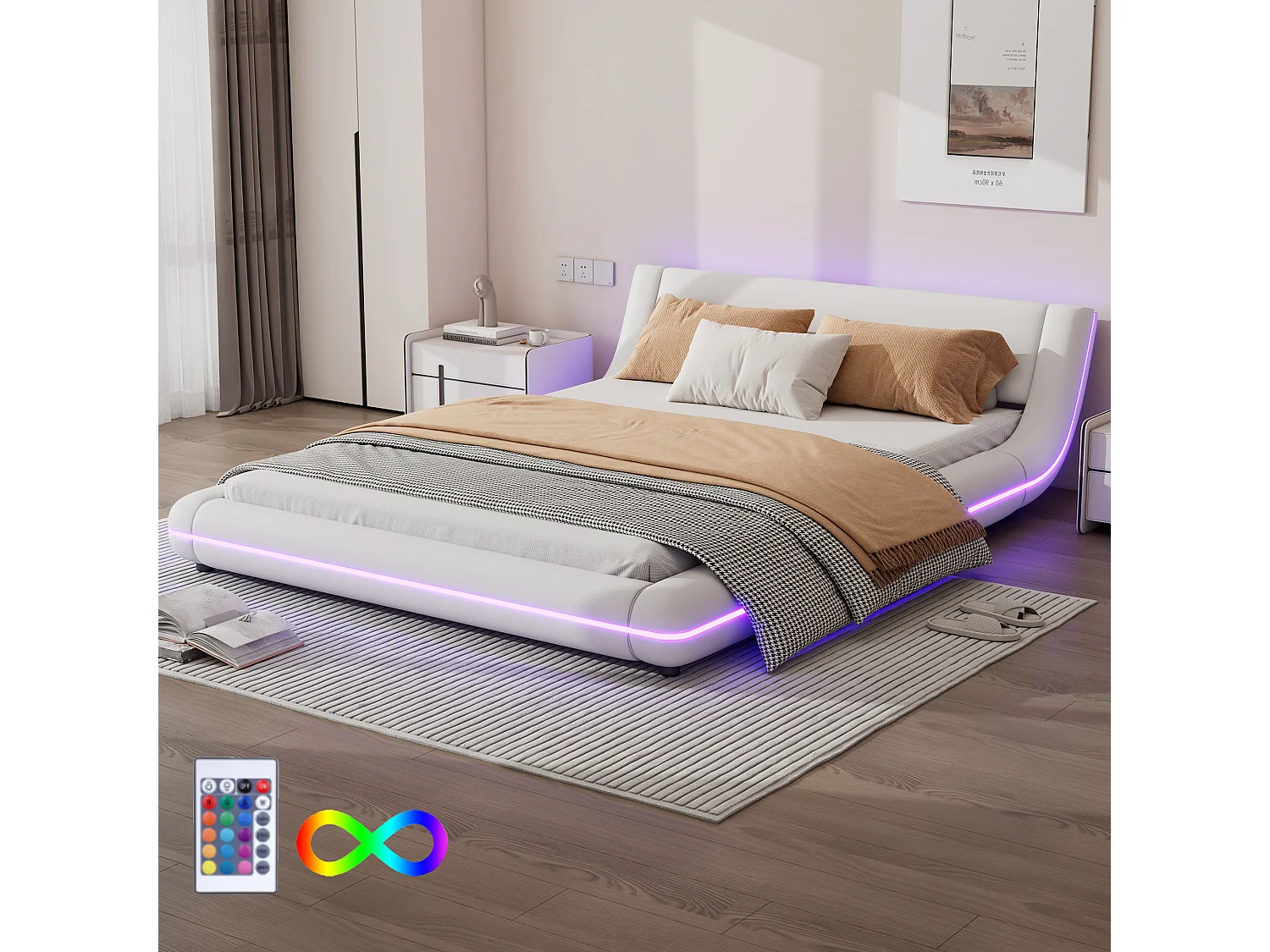 Lit adulte 140x200 cm en PU blanc, Lit au sol avec éclairage LED et télécommande 24 touches, sans matelas