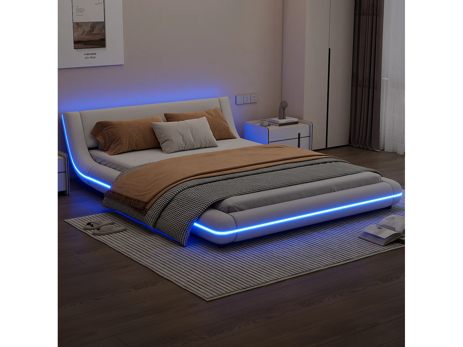 Lit adulte 140x200 cm en PU blanc, Lit au sol avec éclairage LED et télécommande 24 touches, sans matelas