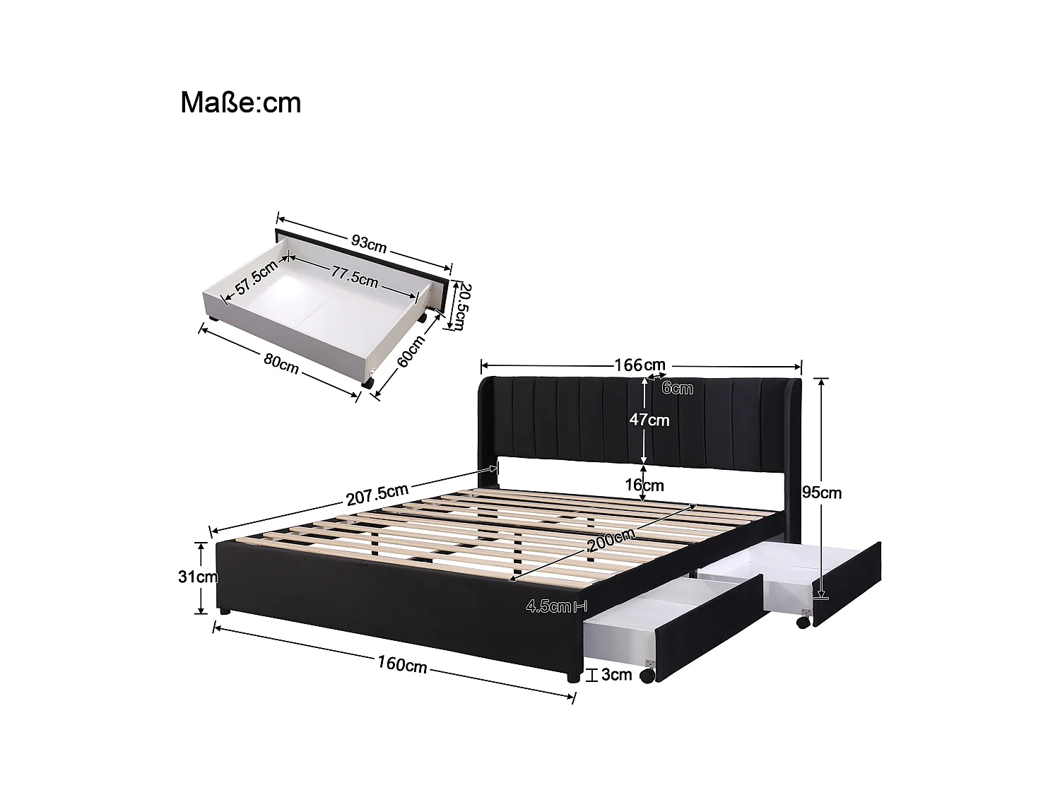 Letto matrimoniale 160x200 cm con 2 cassetti - in velluto nero (senza materasso)