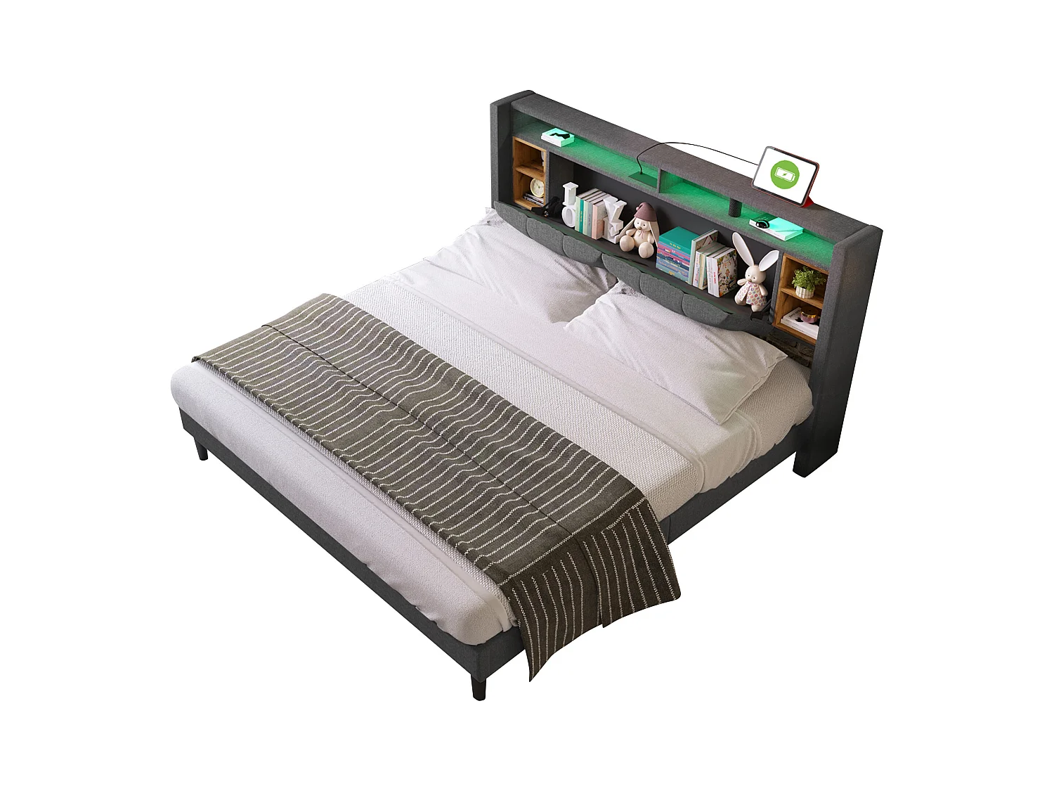 Tweepersoonsbed 160x200 cm met opberghoofdbord, USB-poort en LED-verlichting, grijs (zonder matras)