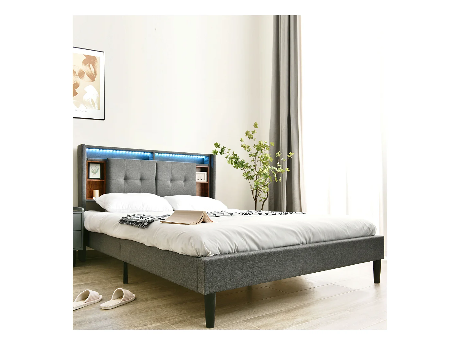 Lit adulte 160x200 cm, avec tête de lit de rangement, port USB et éclairage LED, en lin Gris (sans matelas)