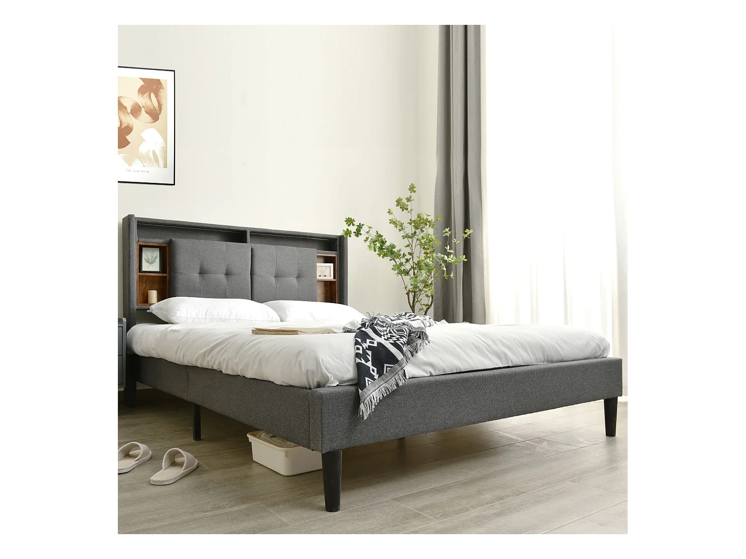 Lit adulte 160x200 cm, avec tête de lit de rangement, port USB et éclairage LED, en lin Gris (sans matelas)