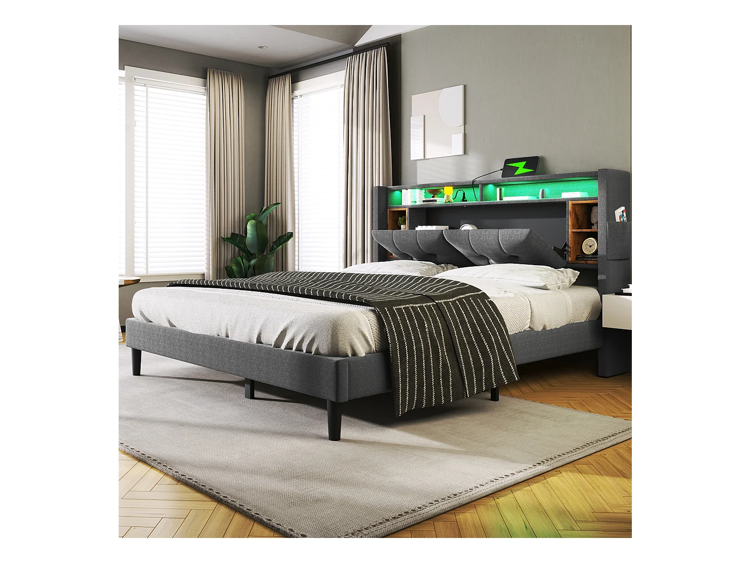 Lit adulte 160x200 cm, avec tête de lit de rangement, port USB et éclairage LED, en lin Gris (sans matelas)