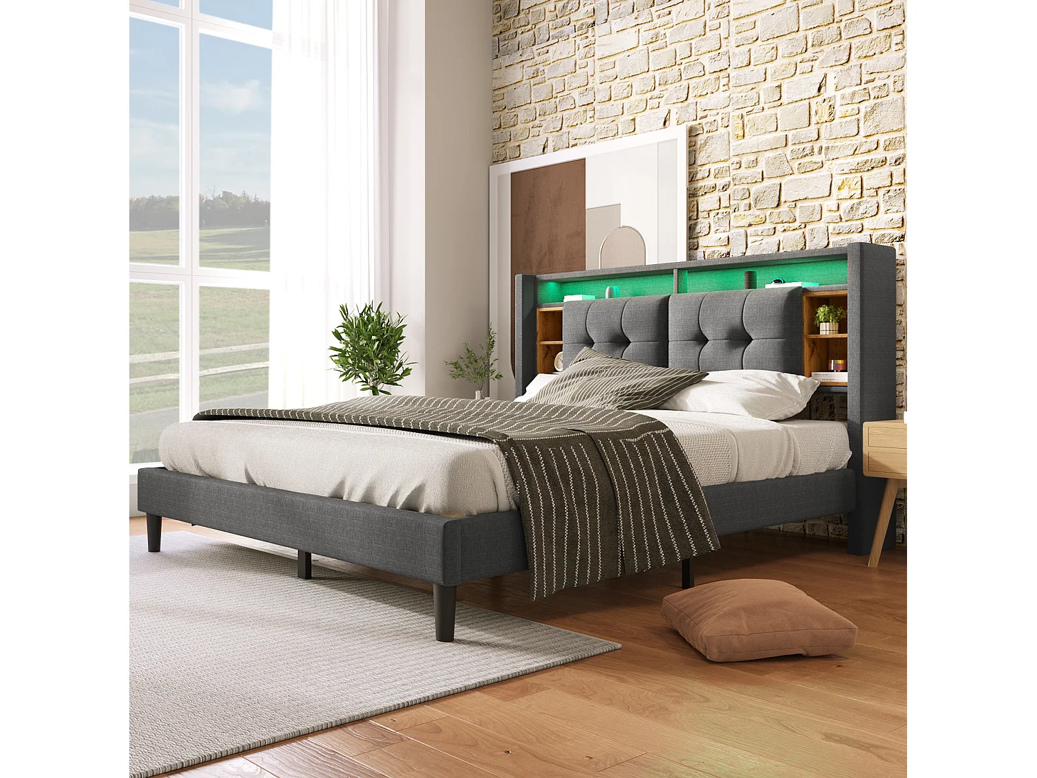 Lit adulte 160x200 cm, avec tête de lit de rangement, port USB et éclairage LED, en lin Gris (sans matelas)