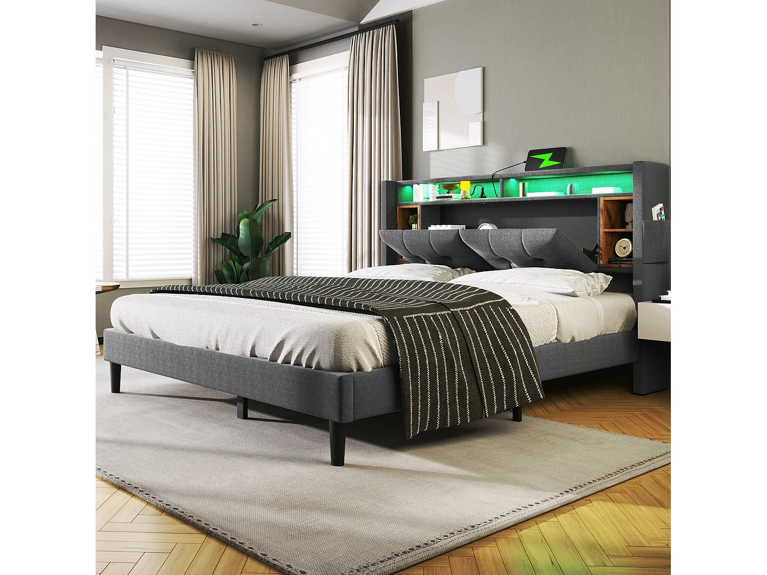 Lit adulte 160x200 cm, avec tête de lit de rangement, port USB et éclairage LED, en lin Gris (sans matelas)