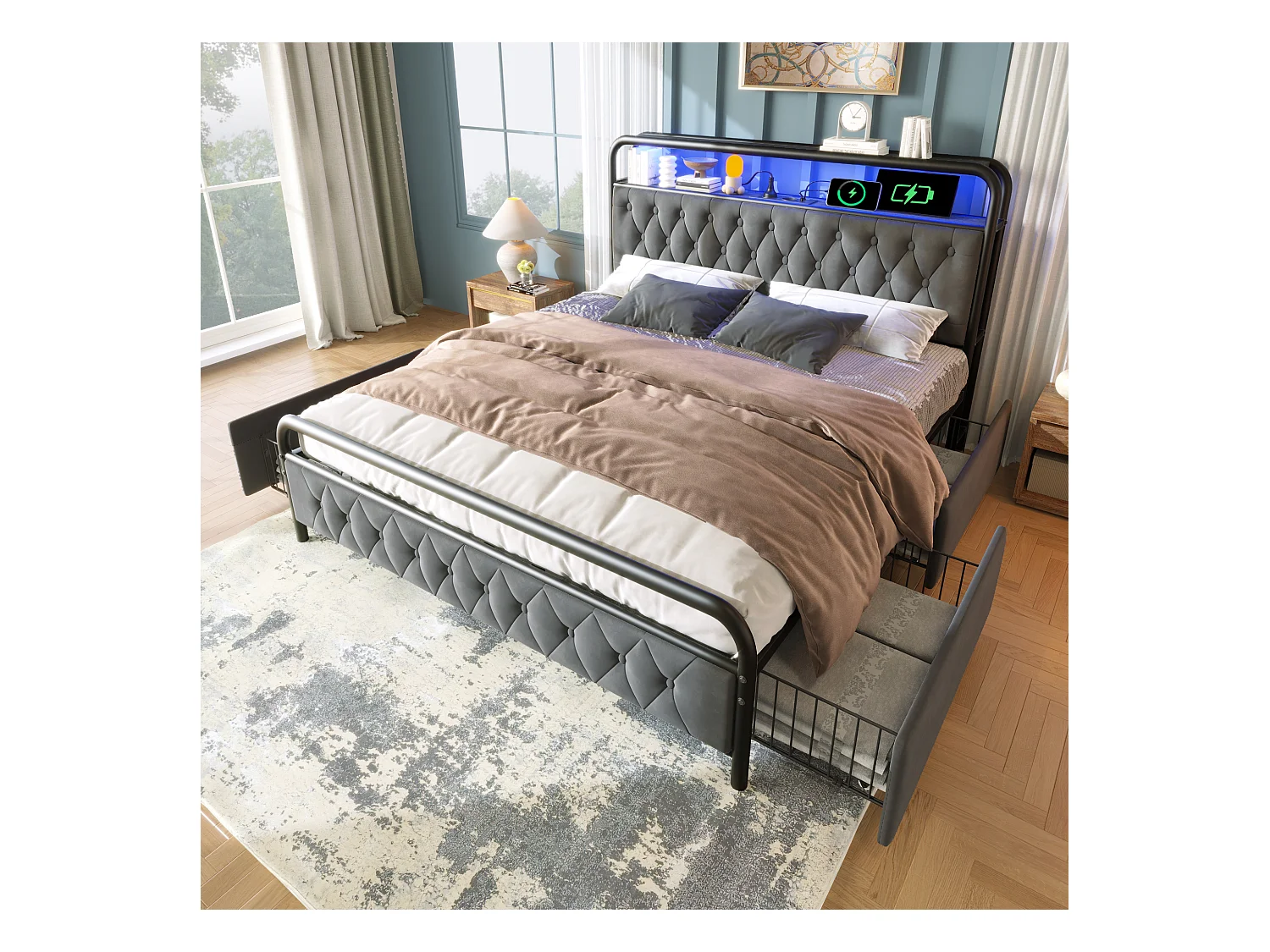 Letto matrimoniale in metallo 160x200 cm con USB, LED e 4 cassetti - Tessuto in velluto (senza materasso)