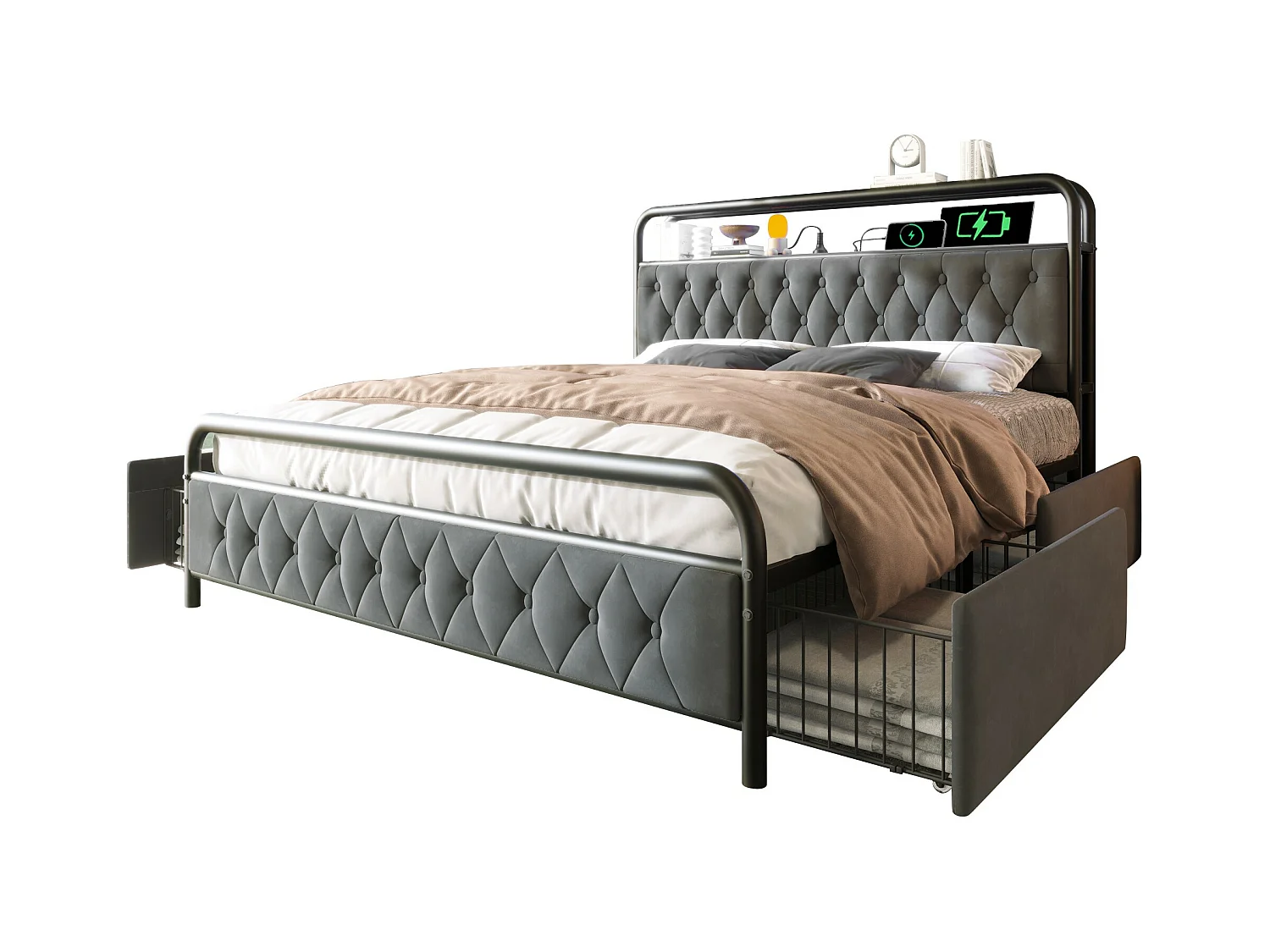 Lit adulte métallique 160x200 cm avec USB et LED et 4 tiroirs, Tissu en velours, sans matelas