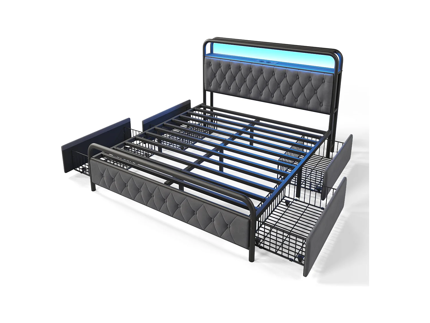 Lit adulte métallique 160x200 cm avec USB et LED et 4 tiroirs, Tissu en velours, sans matelas