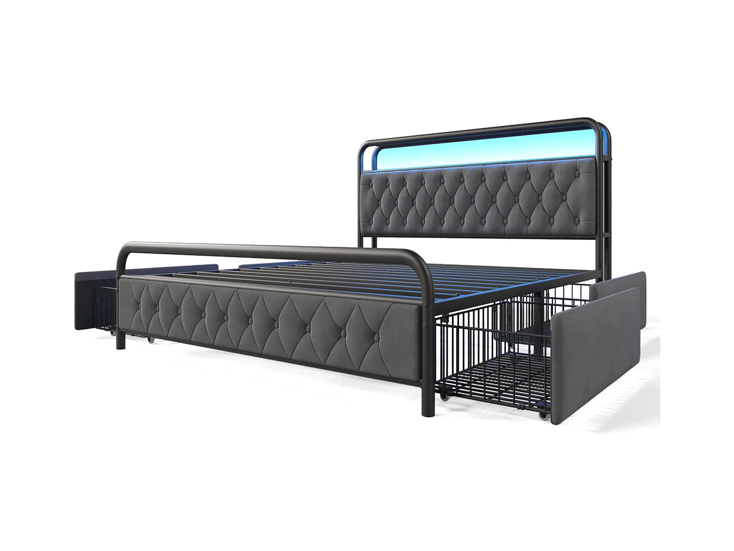Lit adulte métallique 160x200 cm avec USB et LED et 4 tiroirs, Tissu en velours, sans matelas
