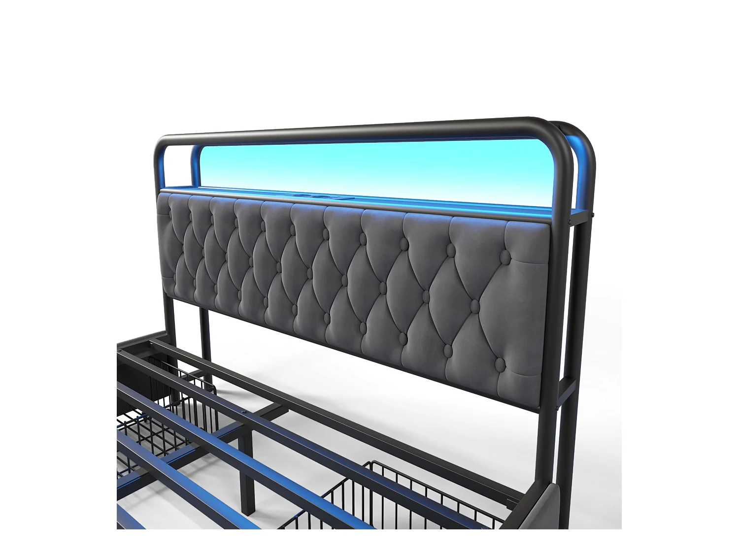Lit adulte métallique 160x200 cm avec USB et LED et 4 tiroirs, Tissu en velours, sans matelas
