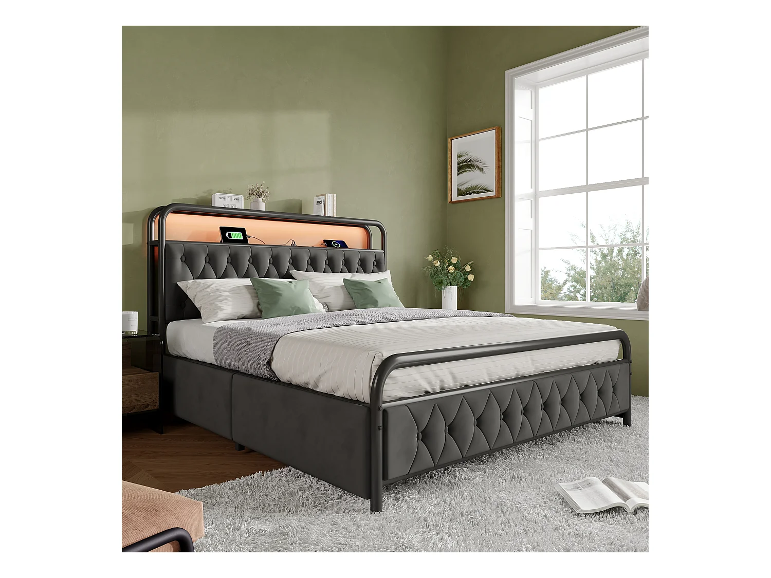 Lit adulte métallique 160x200 cm avec USB et LED et 4 tiroirs, Tissu en velours, sans matelas
