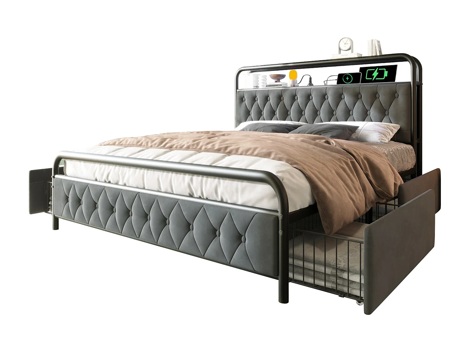 Lit adulte métallique 160x200 cm avec USB et LED et 4 tiroirs, Tissu en velours, sans matelas