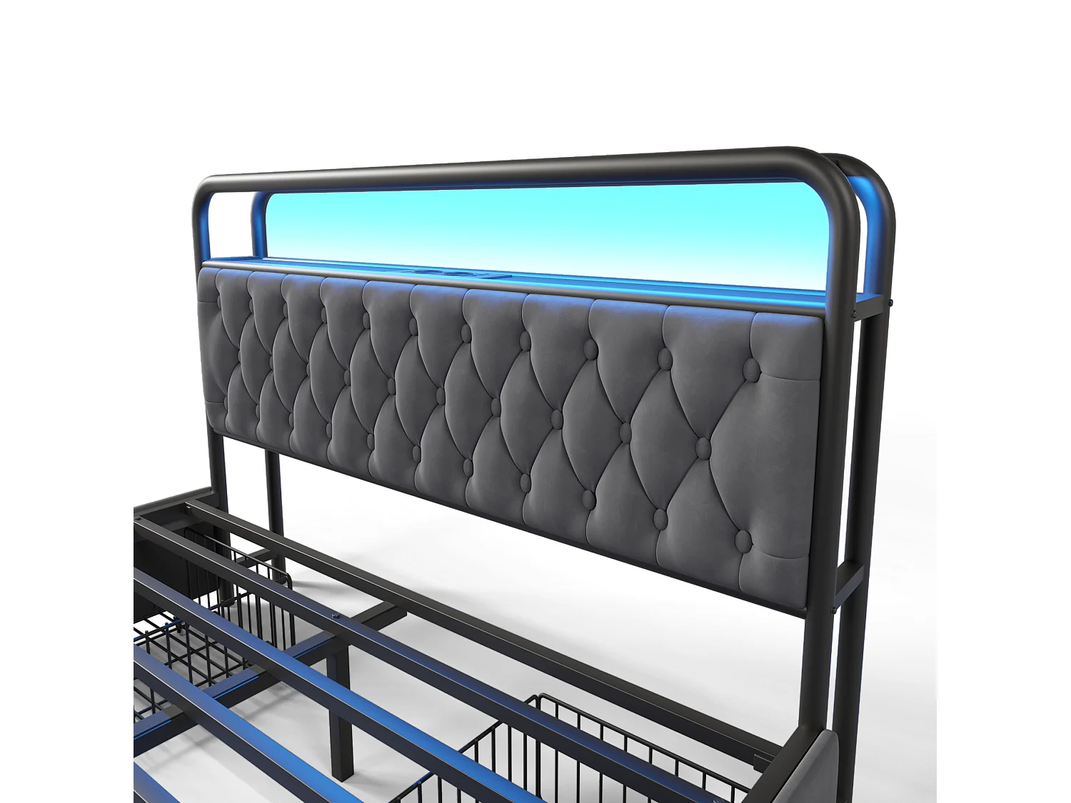Lit adulte métallique 160x200 cm avec USB et LED et 4 tiroirs, Tissu en velours, sans matelas