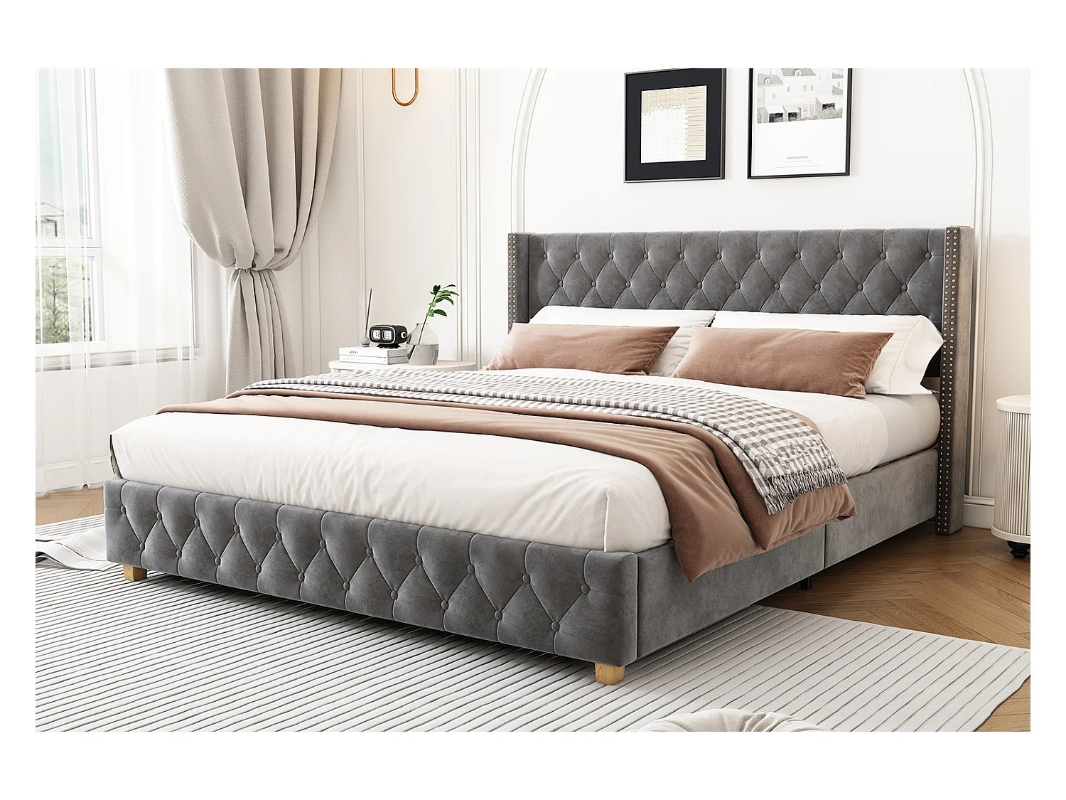 Cama doble 140x190 cm con cabecero acolchado - en terciopelo gris (sin colchón)