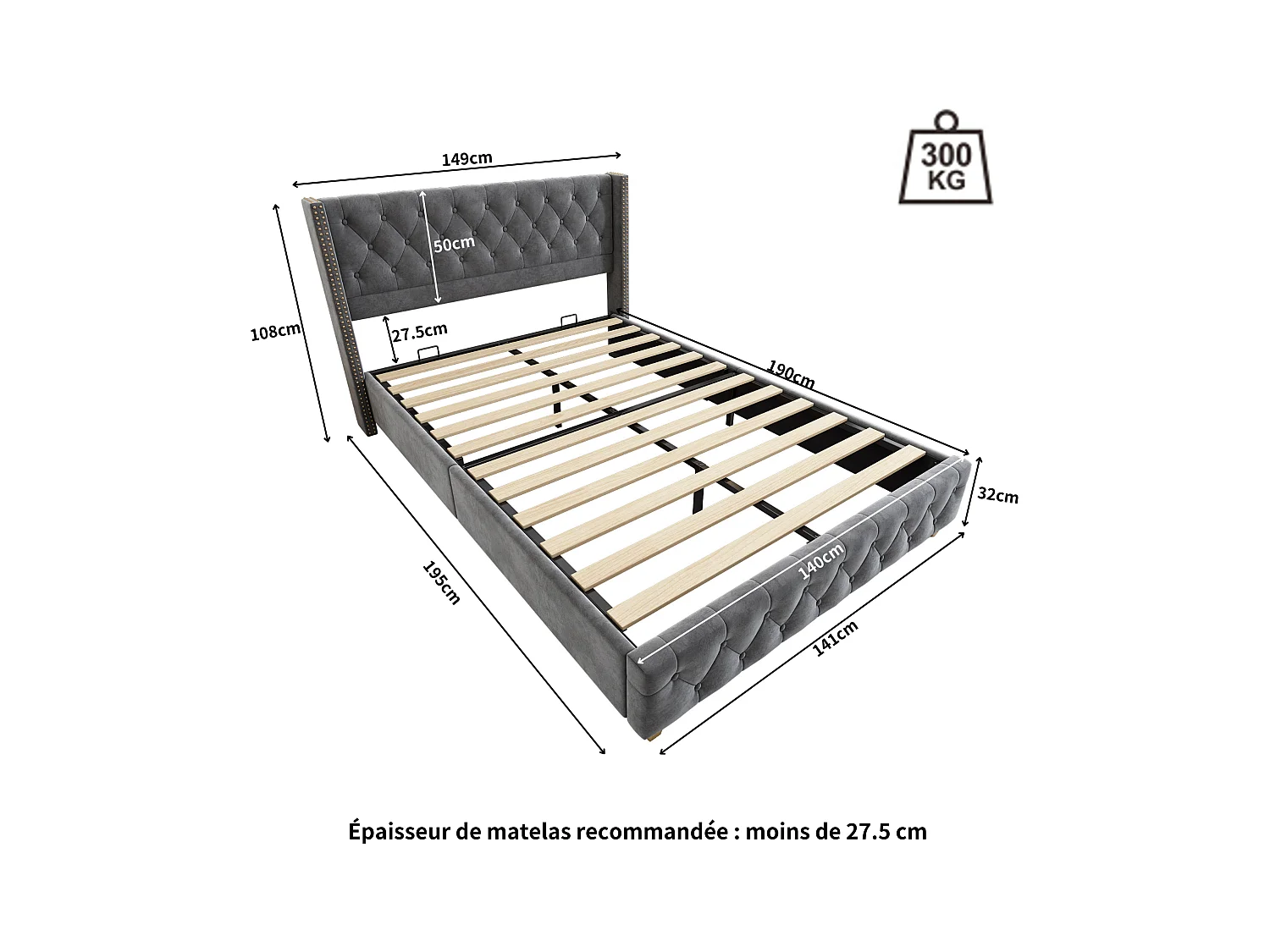 Lit adulte 140x190 cm avec Tête de lit rembourrée - en velours gris(sans matelas)