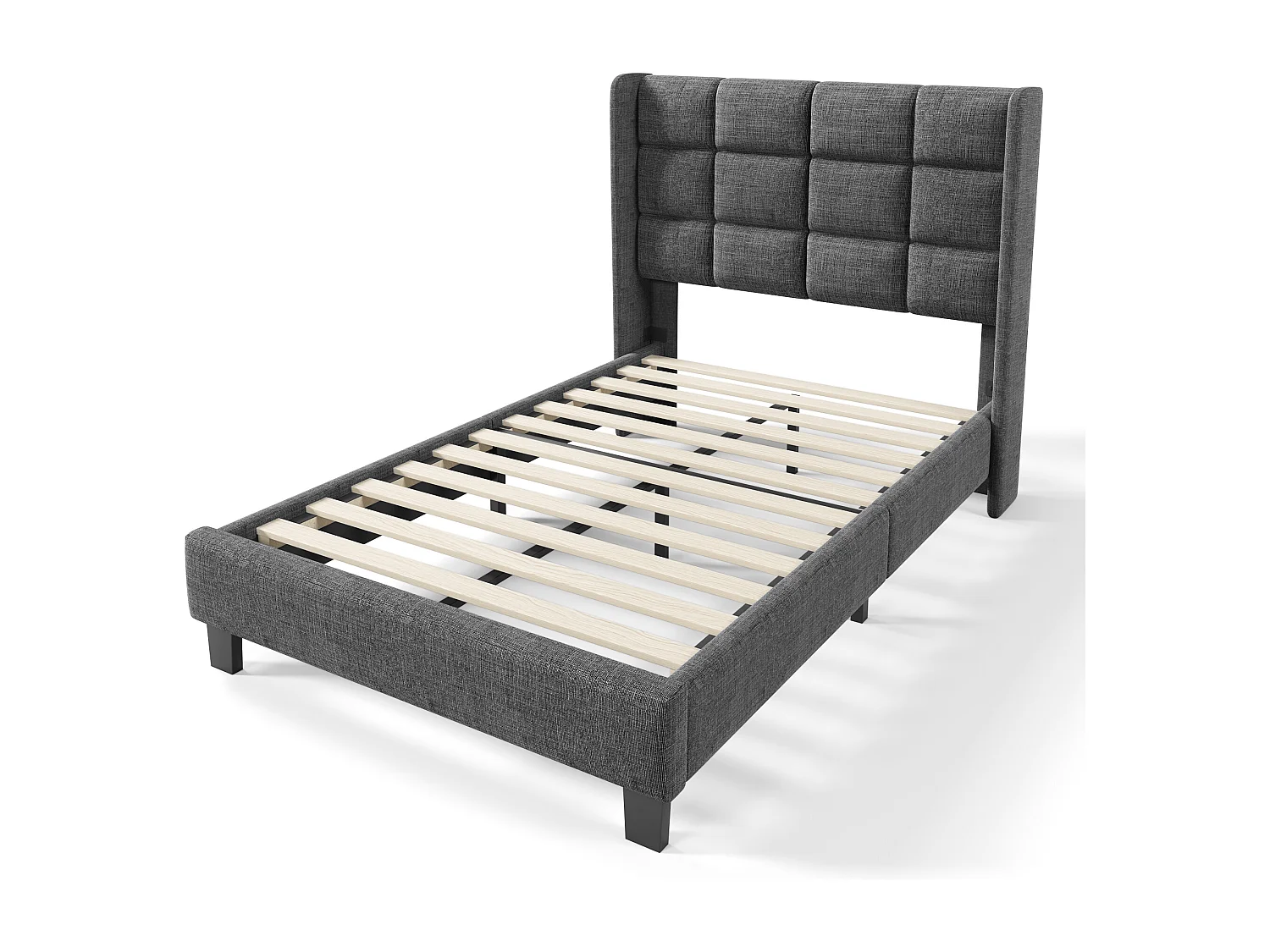 Cama individual 90x200 cm com cabeceira - estrado de ripas - linho cinza (sem colchão)