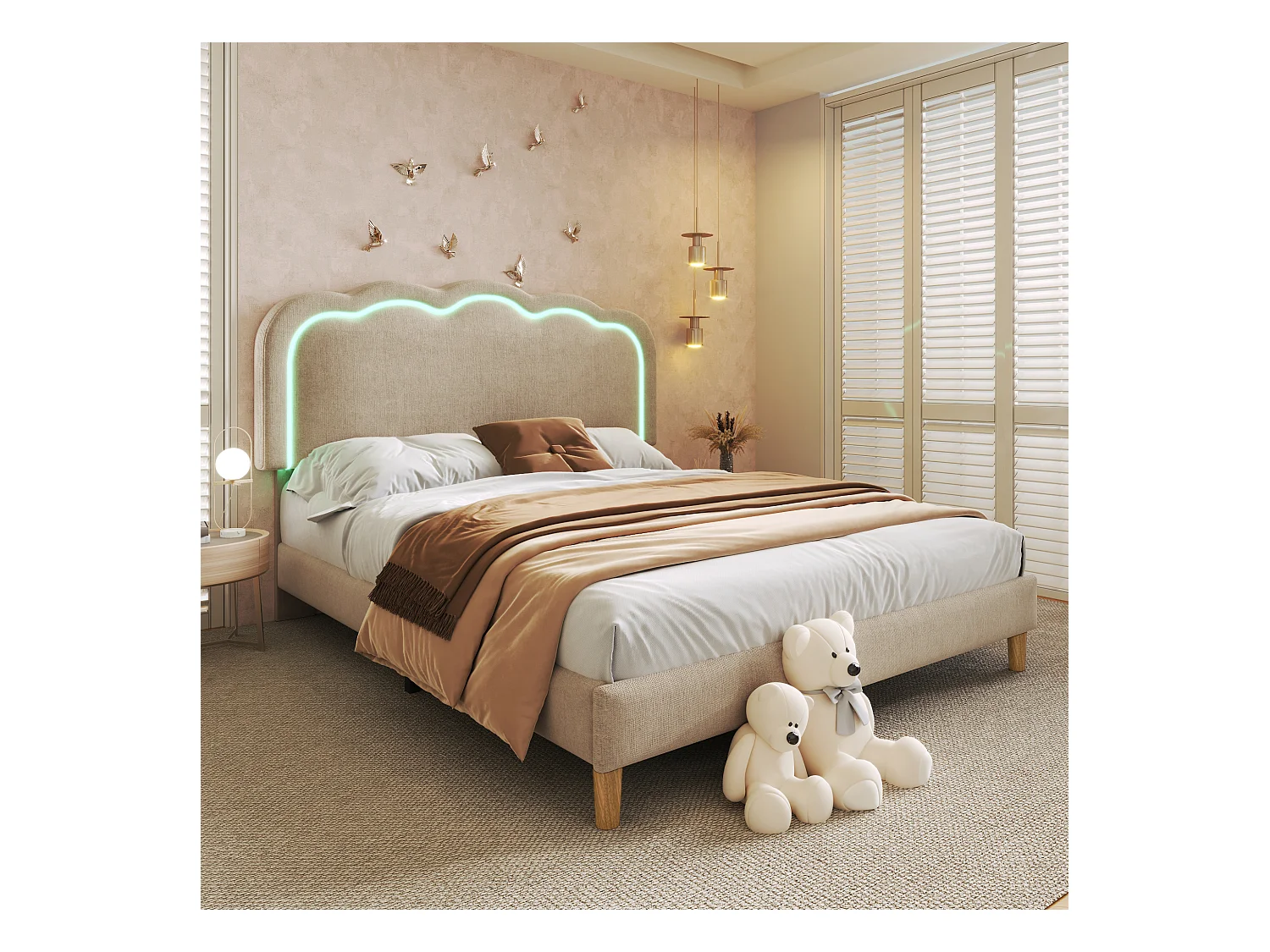 Cama doble 140x200 cm - Cabecero con LED regulable - Lino beige (sin colchón)