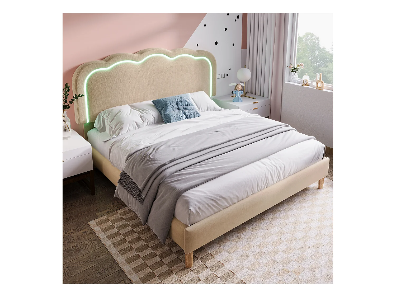 Lit enfant 140x200 cm avec Tête de lit réglable et LED, Lin beige, sans matelas