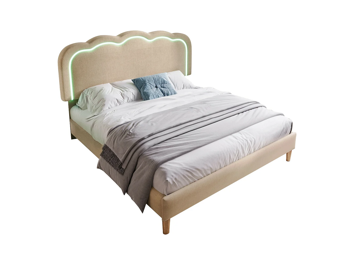 Lit enfant 140x200 cm avec Tête de lit réglable et LED, Lin beige, sans matelas