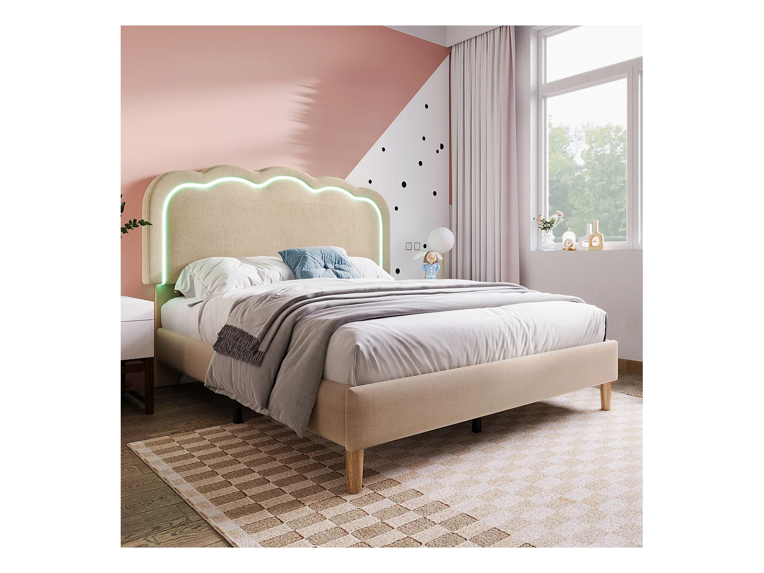 Lit enfant 140x200 cm avec Tête de lit réglable et LED, Lin beige, sans matelas