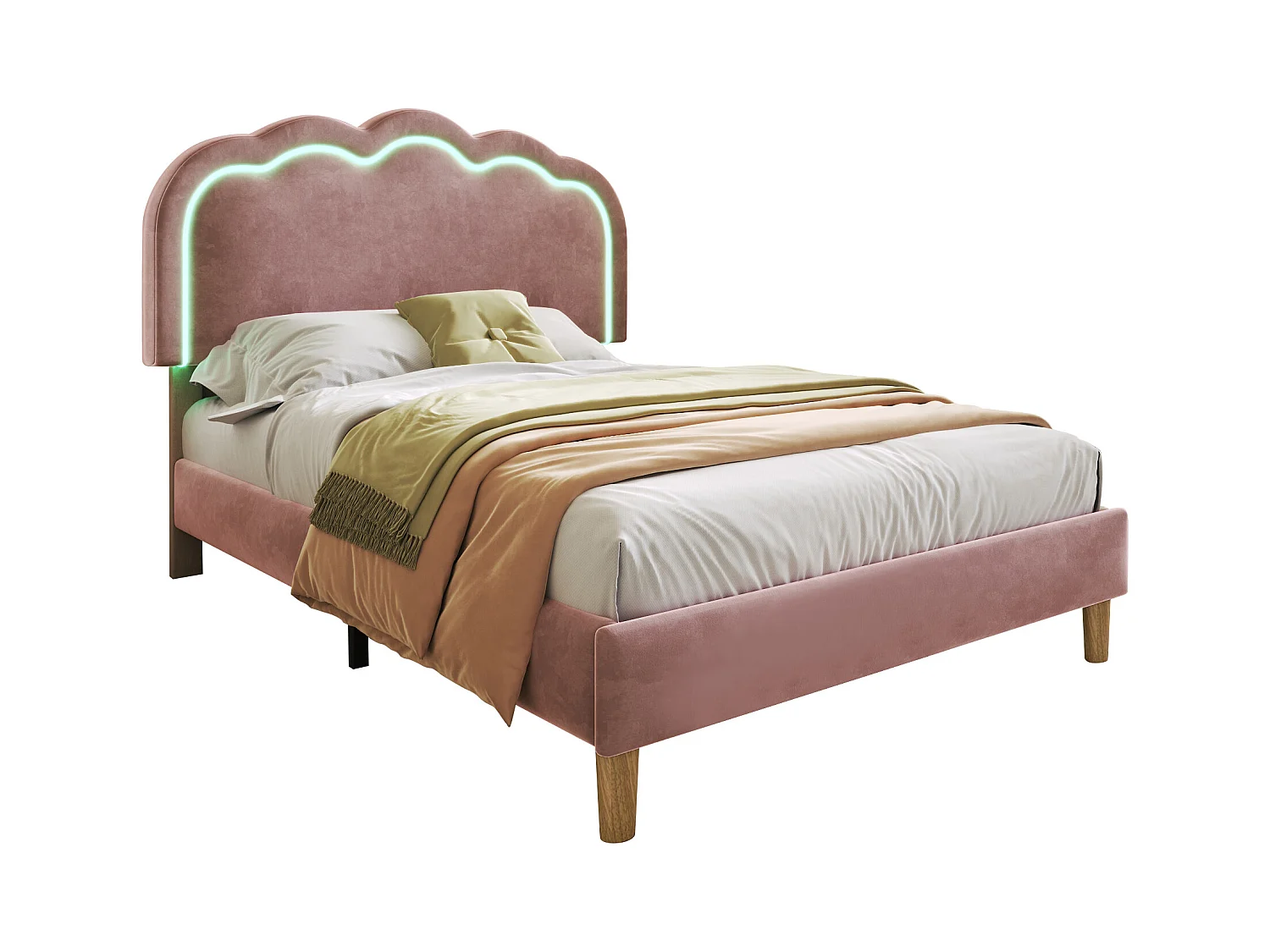 Lit enfant 90x190 cm - Tête de lit avec LED - Velours rose (sans matelas)