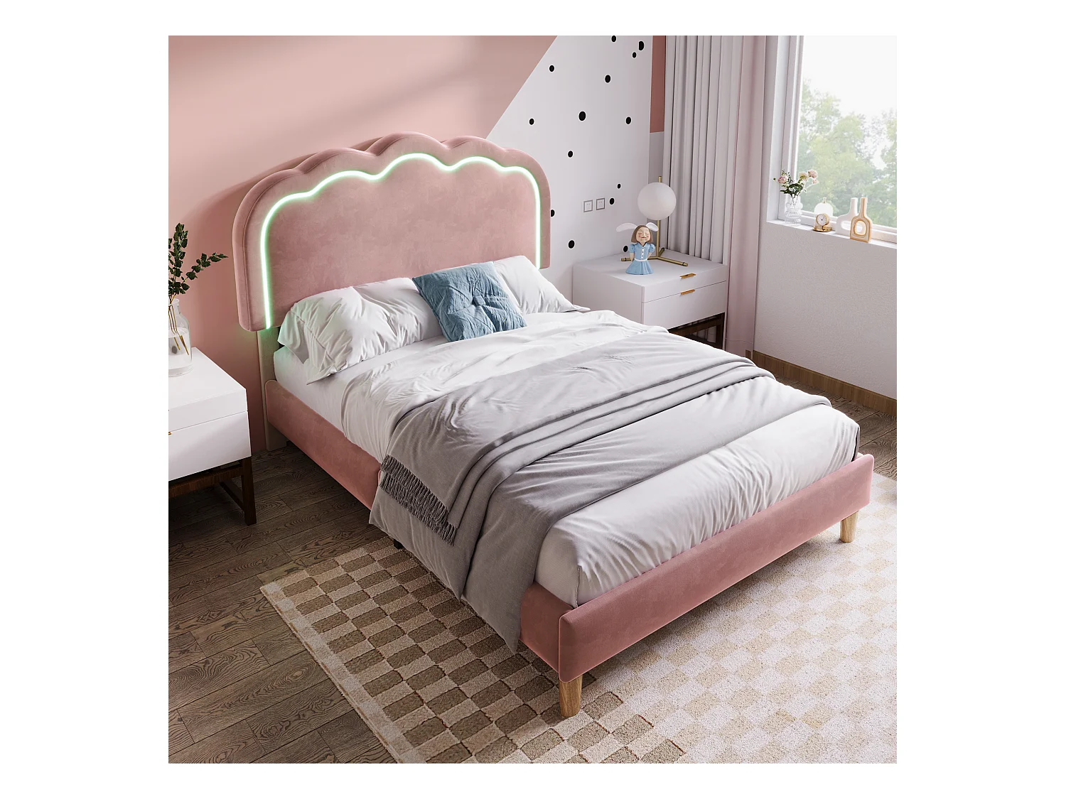 Lit enfant 90x190 cm - Tête de lit avec LED - Velours rose (sans matelas)