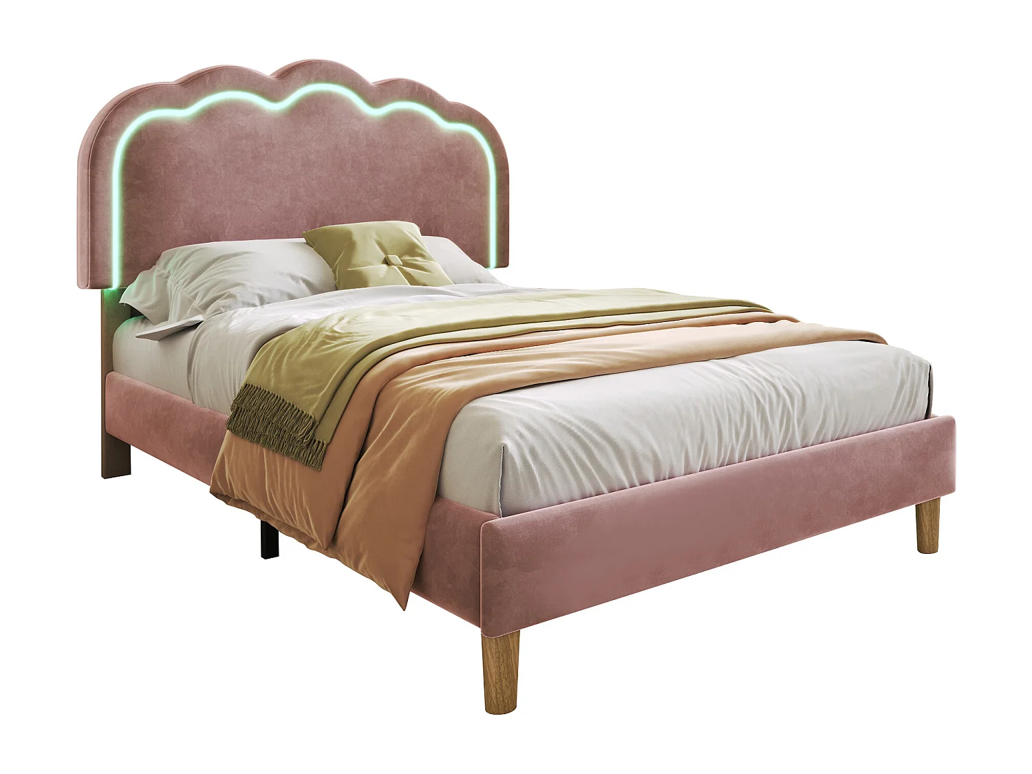 Cama solteiro luminosa 90x190 cm - Cabeceira com LED - Veludo rosa (sem colchão)