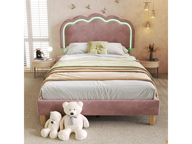 Cama individual luminosa 90x190 cm - Cabecero con LED - Terciopelo rosa (sin colchón)