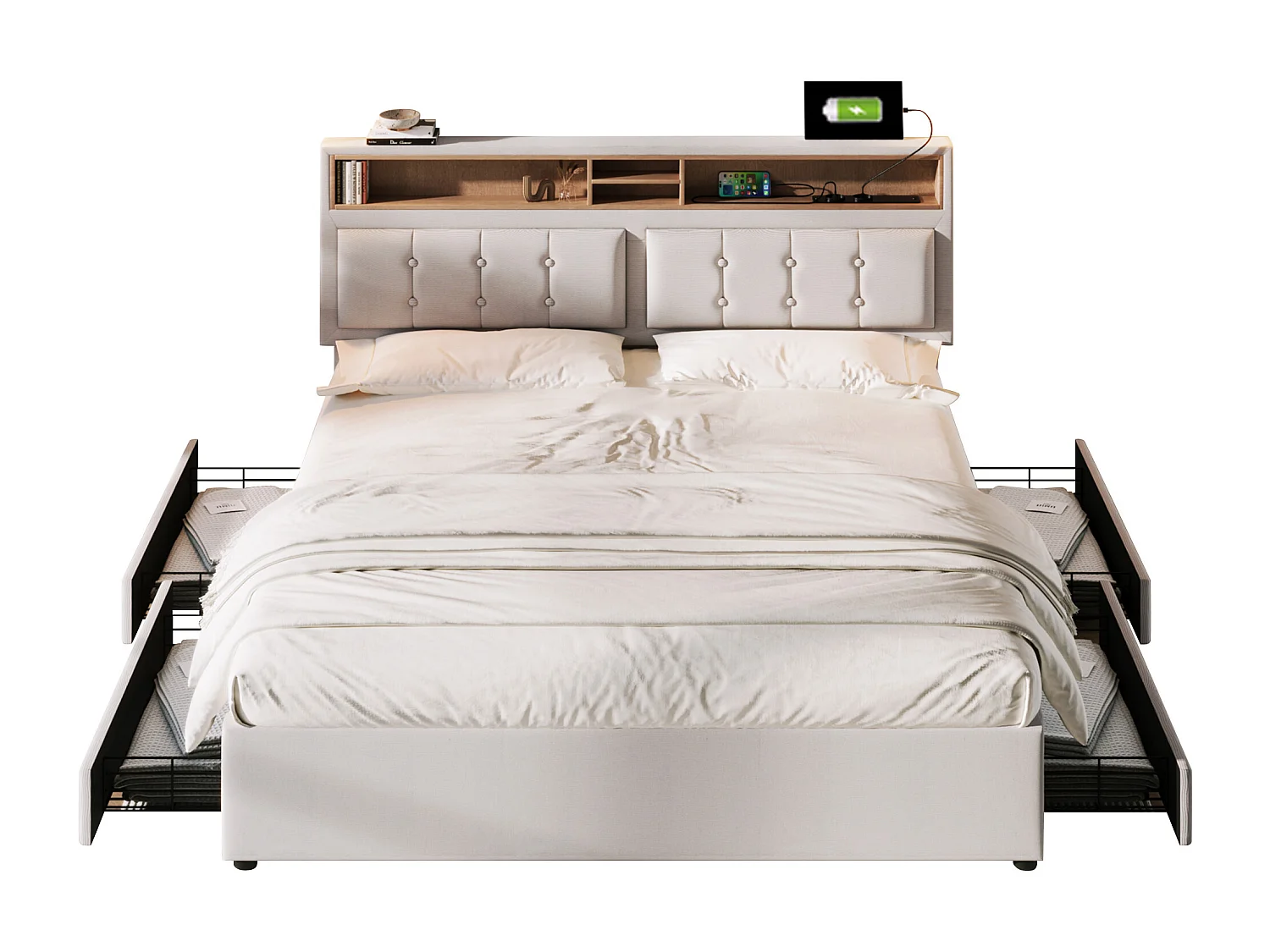 Lit adulte 140x200 cm avec 4 tiroirs, Tête de lit réglable avec USB-C, lin Blanc, sans matelas