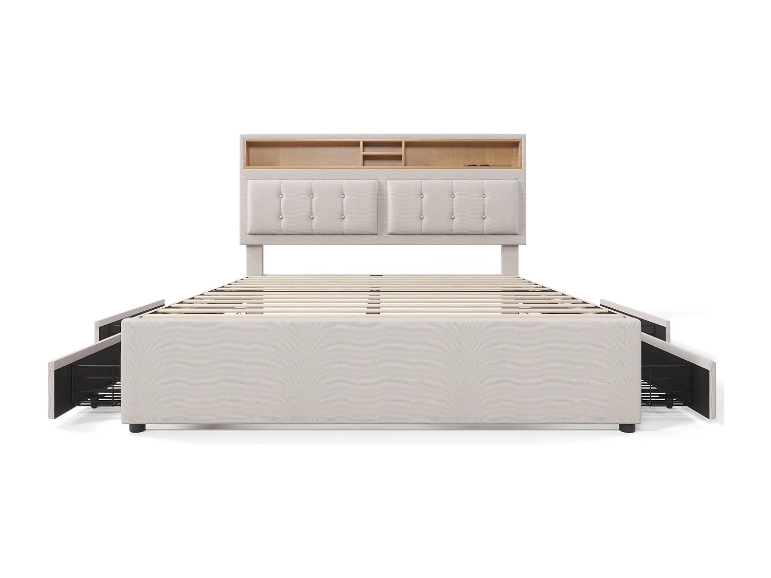 Lit adulte 140x200 cm avec 4 tiroirs, Tête de lit réglable avec USB-C, lin Blanc, sans matelas