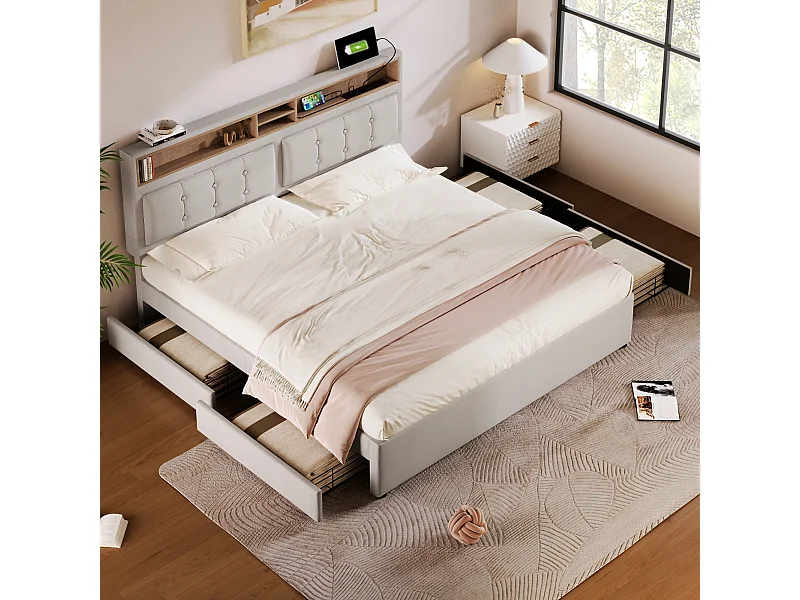 Lit adulte 140x200 cm avec 4 tiroirs, Tête de lit réglable avec USB-C, lin Blanc, sans matelas