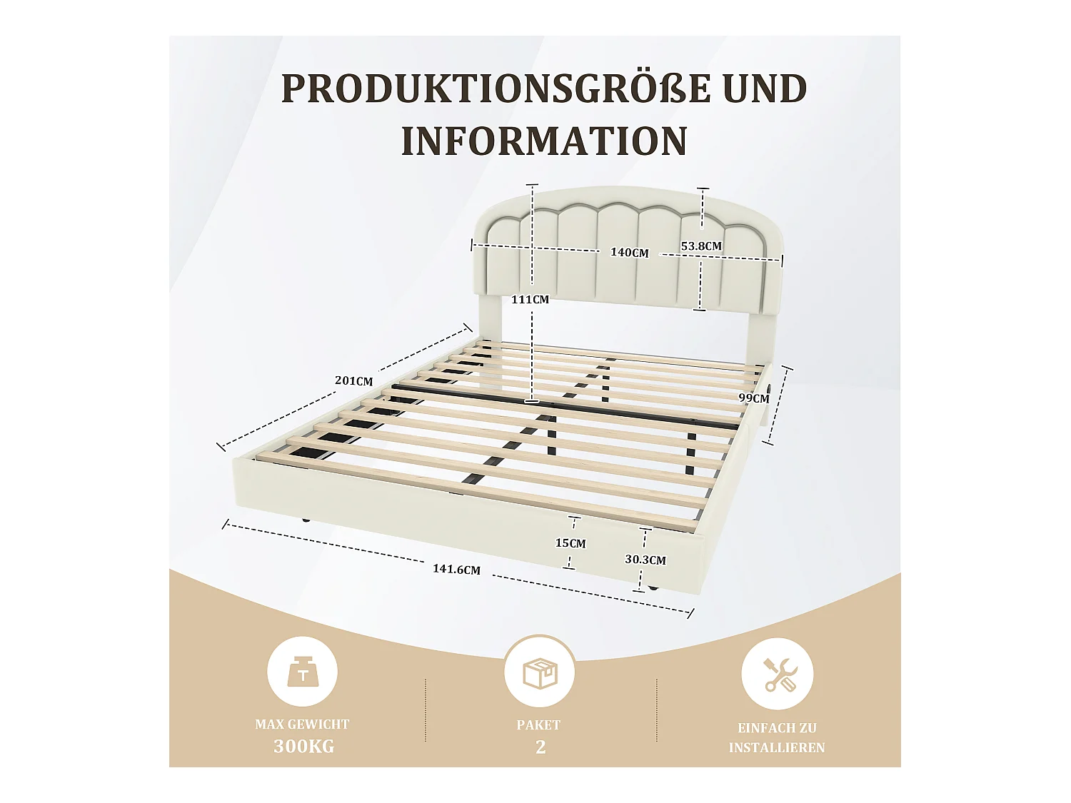 Lit adulte 140x200 cm avec tête de lit, design flottant et barre lumineuse LED - Blanc(sans matelas)