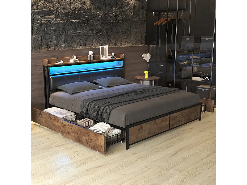 Cama doble 140x200 cm con 4 cajones - con somier de láminas y cabecero, LED - PU, negro (sin colchón)