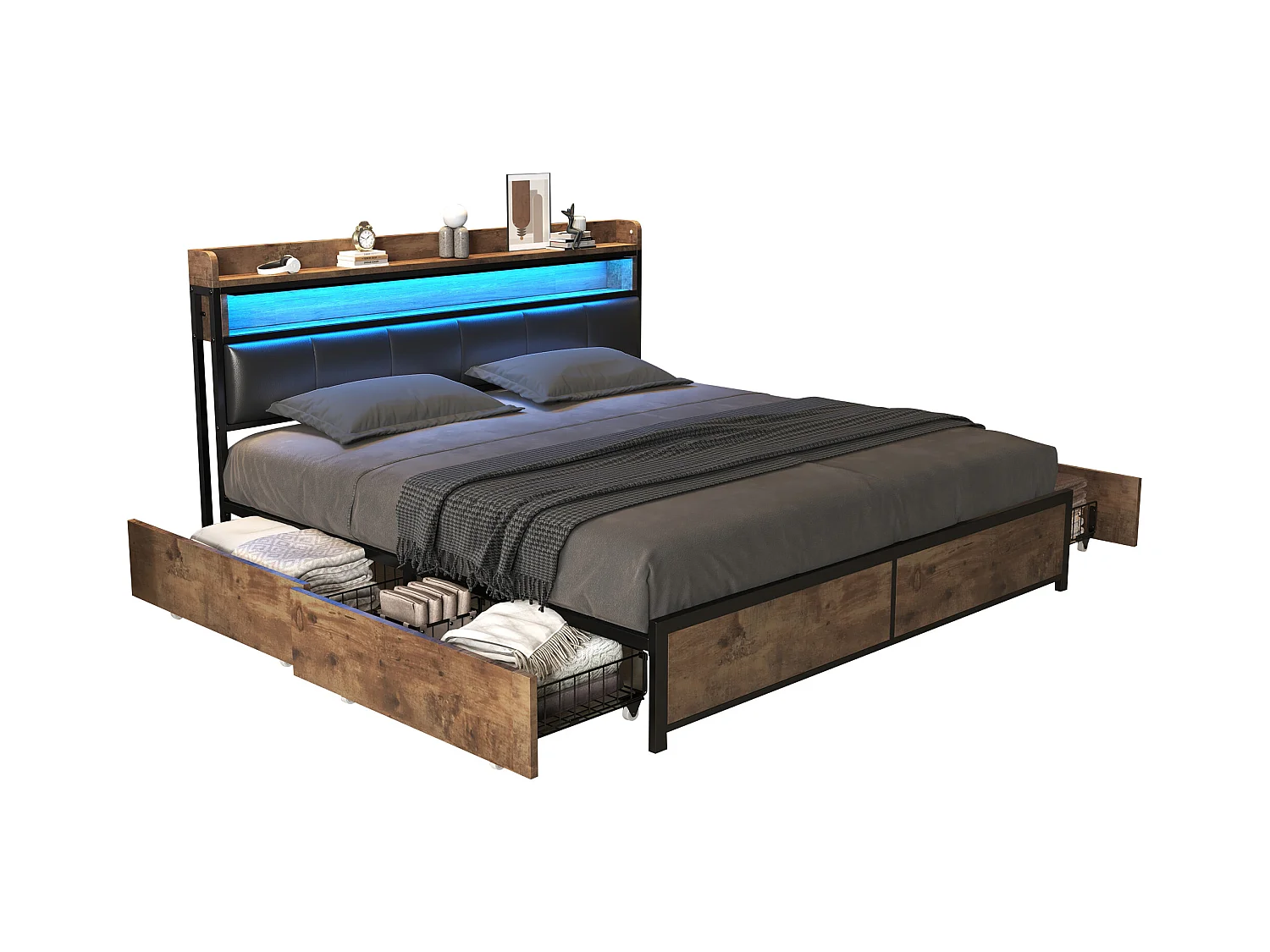 Lit adulte 140x200 cm avec 4 tiroirs - avec sommier à lattes et tête de lit, LED - PU, Noir(sans matelas)