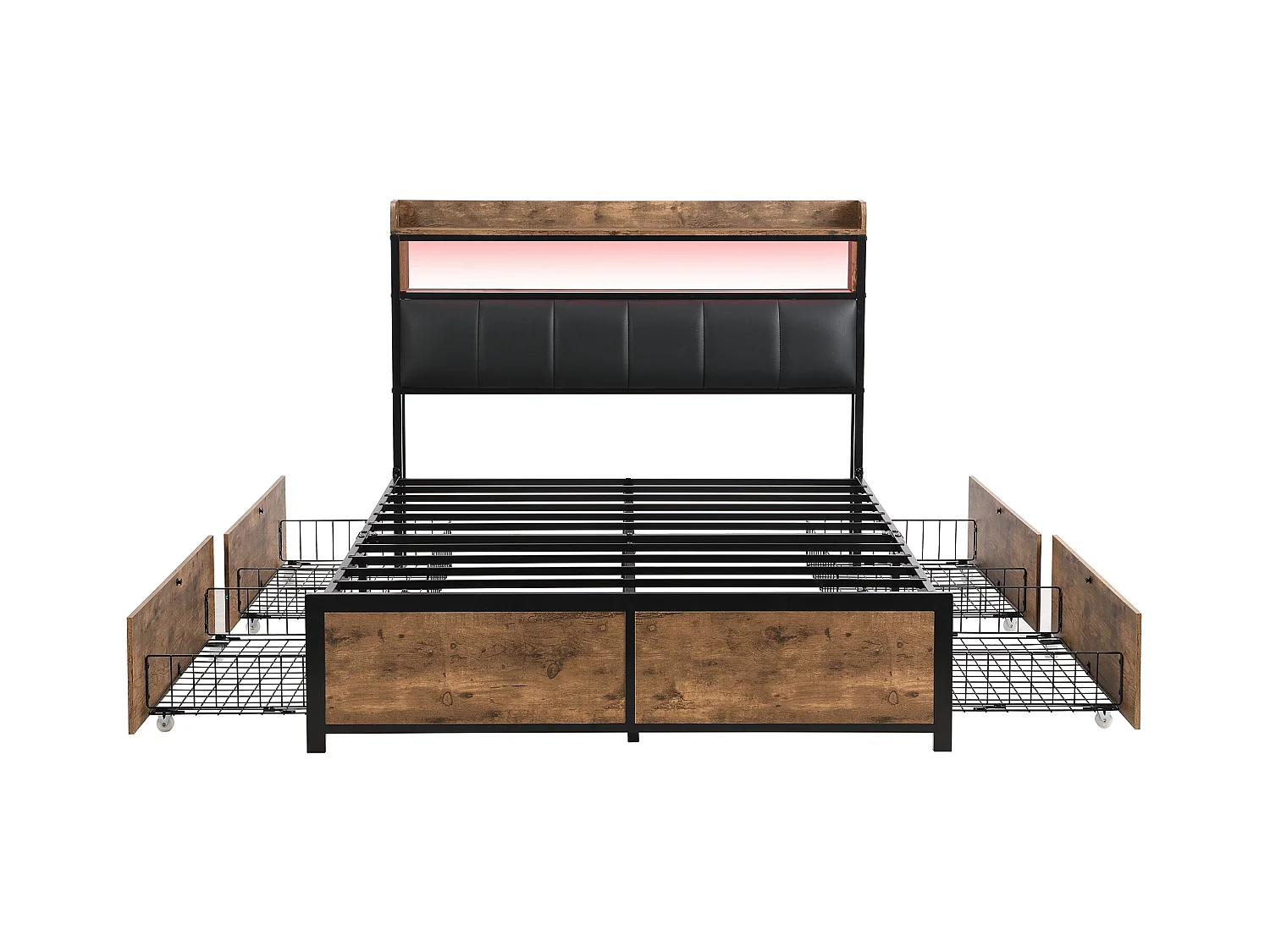 Lit adulte 140x200 cm avec 4 tiroirs - avec sommier à lattes et tête de lit, LED - PU, Noir(sans matelas)