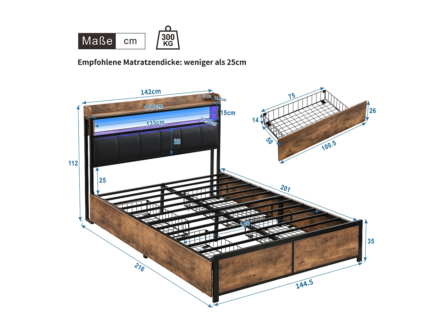 Cama de casal 140x200 cm com 4 gavetas - com estrado de ripas e cabeceira, LED - PU, preto (sem colchão)