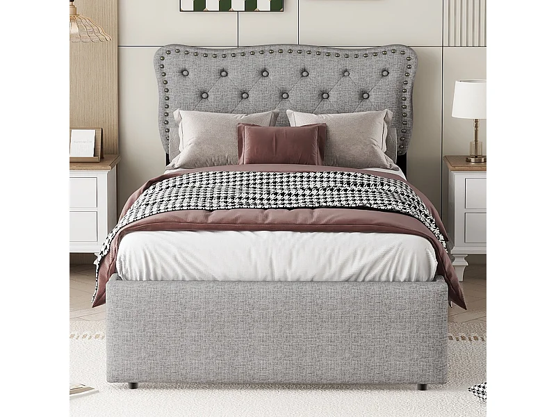 Cama individual 90x200 cm – cama tapizada con 2 cajones – gris (sin colchón)