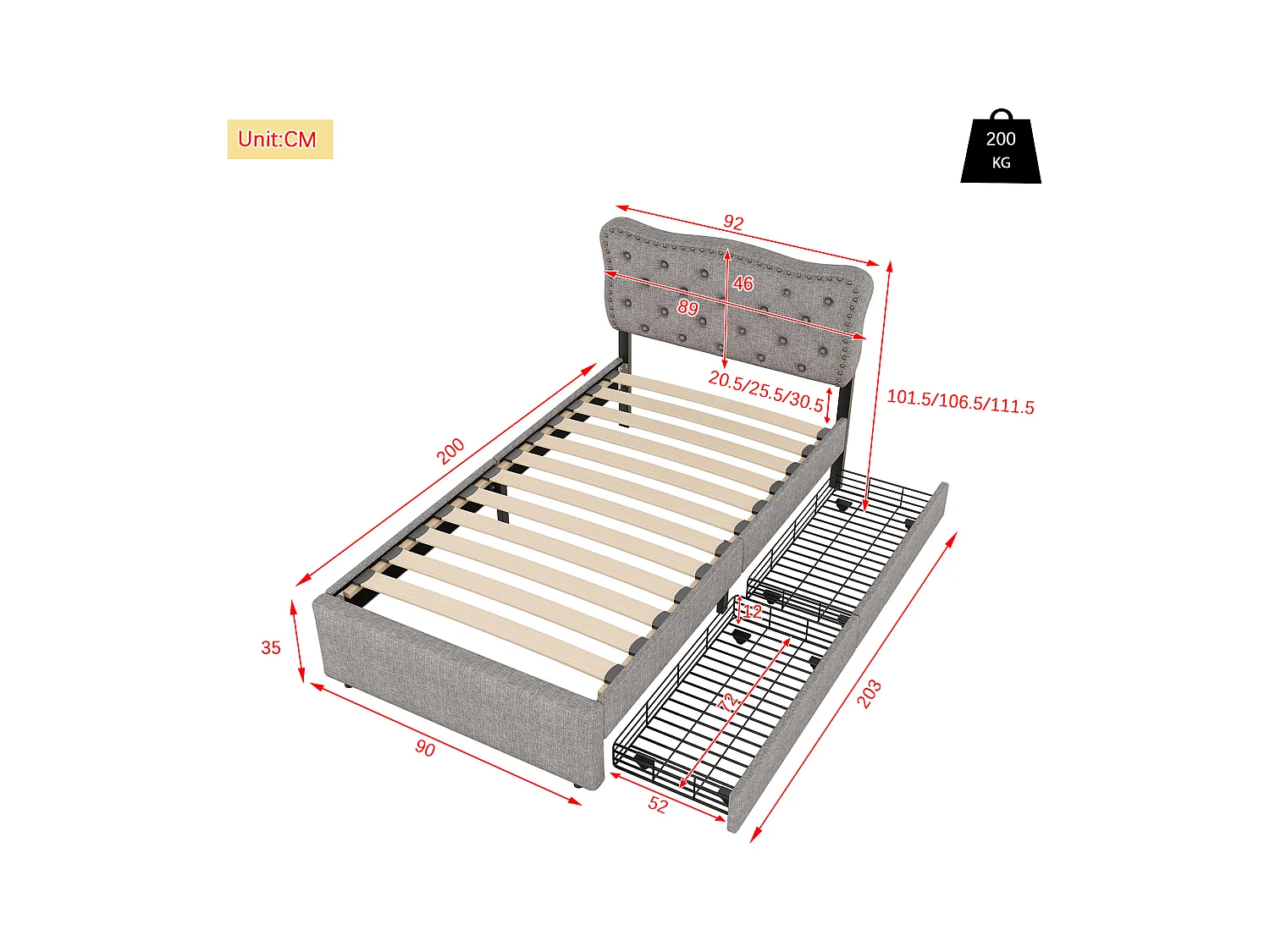 Lit enfant 90x200 cm - Lit rembourré avec 2 tiroirs - Gris(sans matelas)