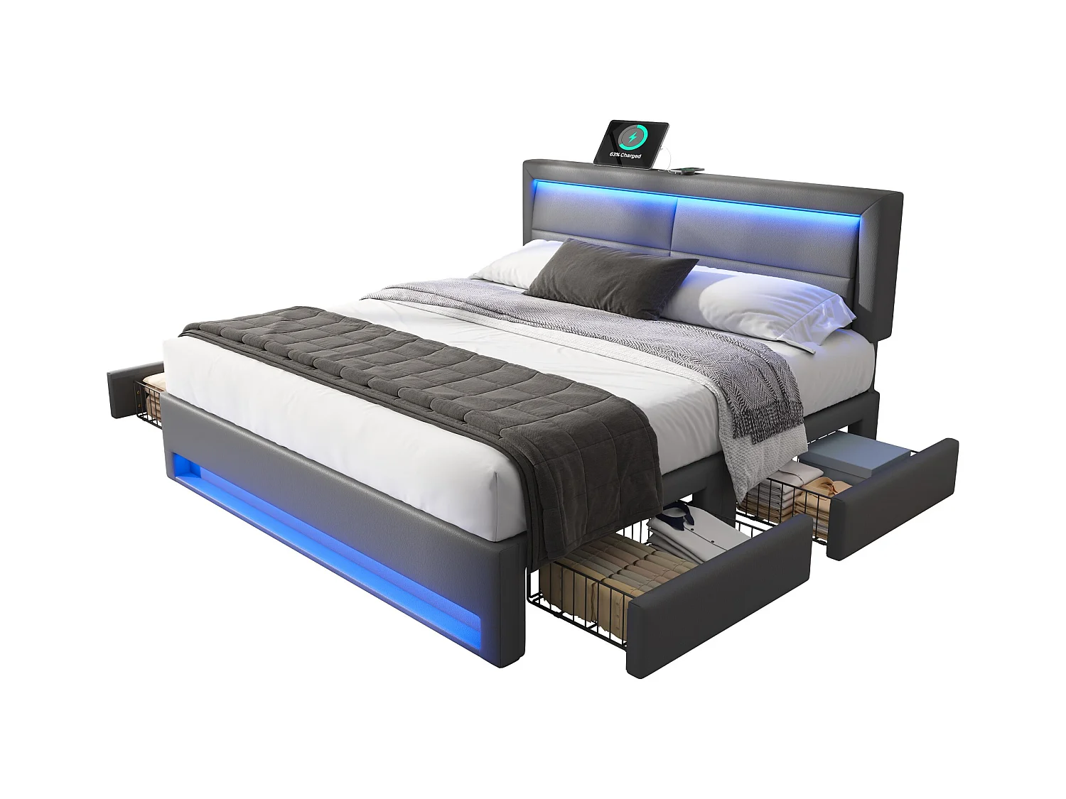 Tweepersoonsbed 140x190 cm met USB, LED en vier lades, in grijs PU (zonder matras)