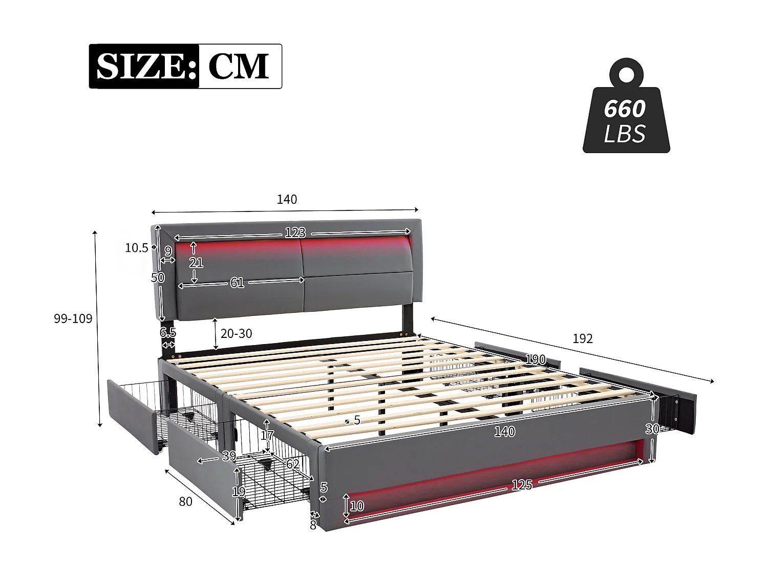 Lit adulte 140x190 cm avec USB et LED et quatre tiroirs, en PU Gris (sans matelas)