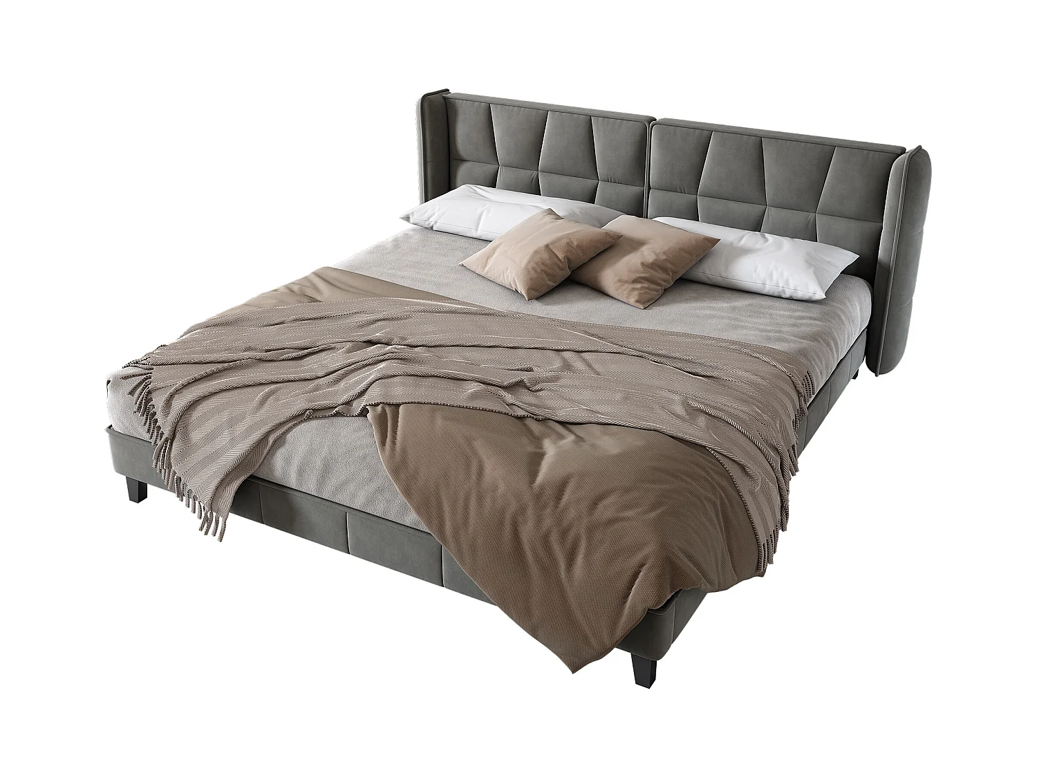 Lit adulte 180x200 cm, Tête de lit rembourrée, sommier inclus, Velours gris, sans matelas