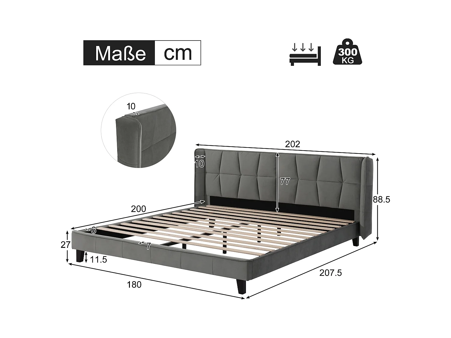 Lit adulte 180x200 cm, Tête de lit rembourrée, sommier inclus, Velours gris, sans matelas